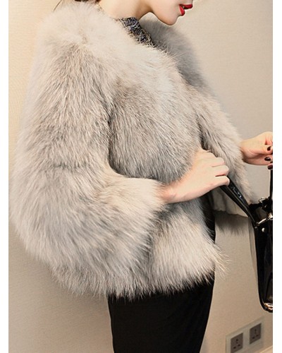 Women Faux Fur Coats Grey Long Sleeves Short Coat Winter Street Wear