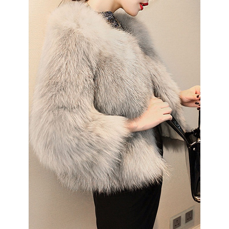 Women Faux Fur Coats Grey Long Sleeves Short Coat Winter Street Wear