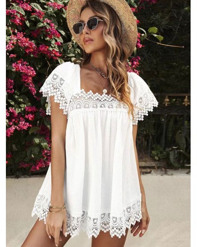 Women Shirt White Square Neck Short Sleeves Tops Casual Sexy Summer