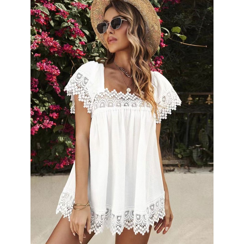 Women Shirt White Square Neck Short Sleeves Tops Casual Sexy Summer