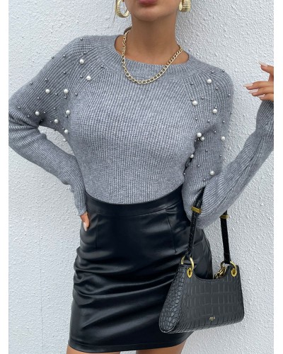 Pullovers For Women Grey Studded Jewel Neck Long Sleeves Irregular Sweaters Casual Street Wear Indoor Field