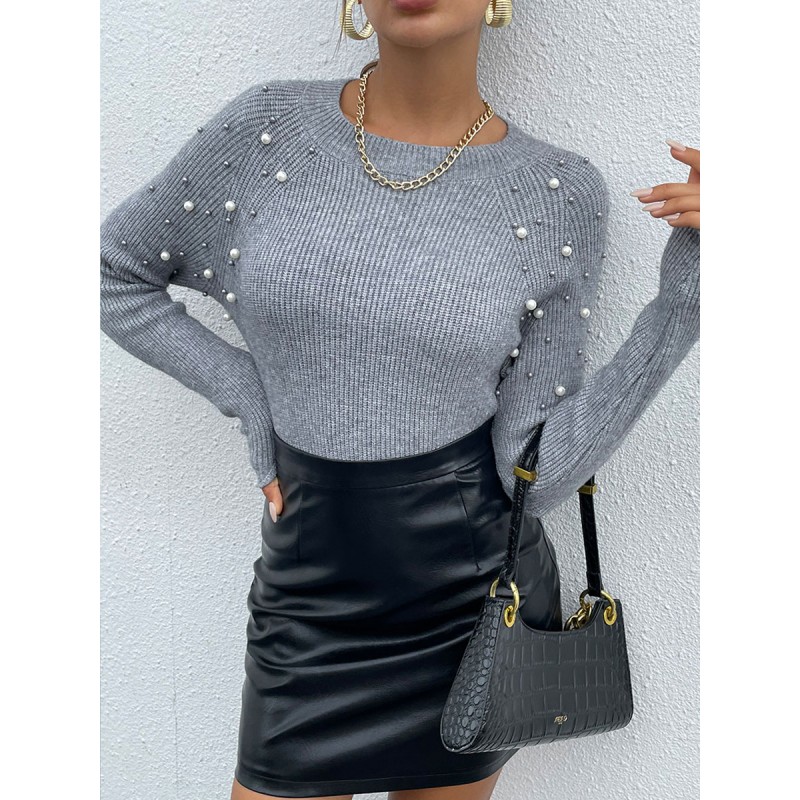 Pullovers For Women Grey Studded Jewel Neck Long Sleeves Irregular Sweaters Casual Street Wear Indoor Field