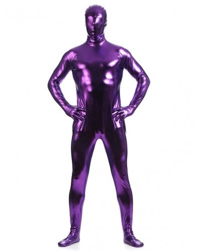 Men Deep Purple Zentai Suit Adults Full Body Shiny Metallic Bodysuit For Solid