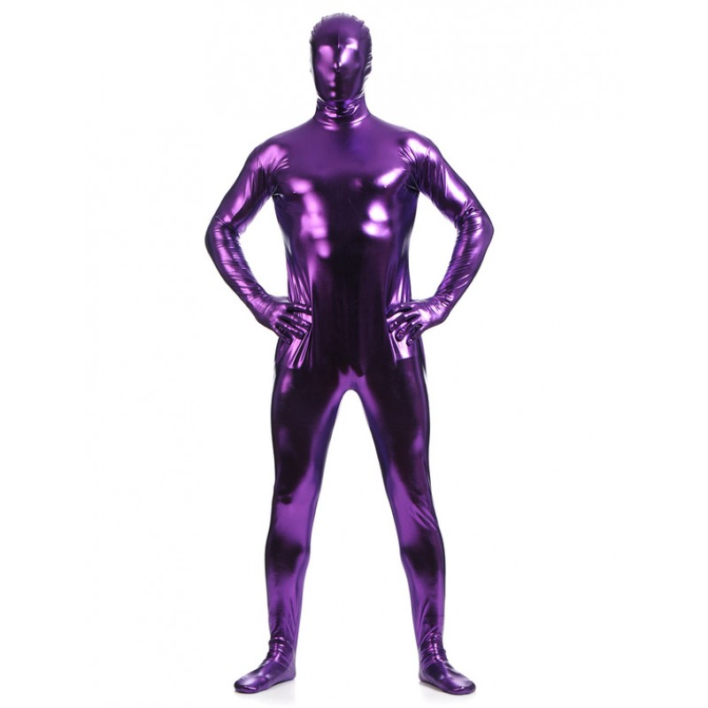 Men Deep Purple Zentai Suit Adults Full Body Shiny Metallic Bodysuit For Solid