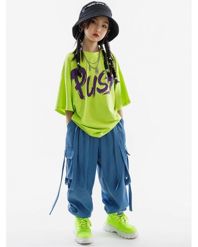 Dance Costumes Kid's Grass Green Unisex Top Pants Set Cotton Street Costume Hip Hop Dancing Party Ball