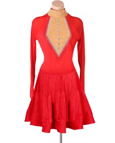 Latin Dance Costume Red Women's Polyester Dress Rhinestones Fringe Latin Dancer Dancing Wear Sexy Ball