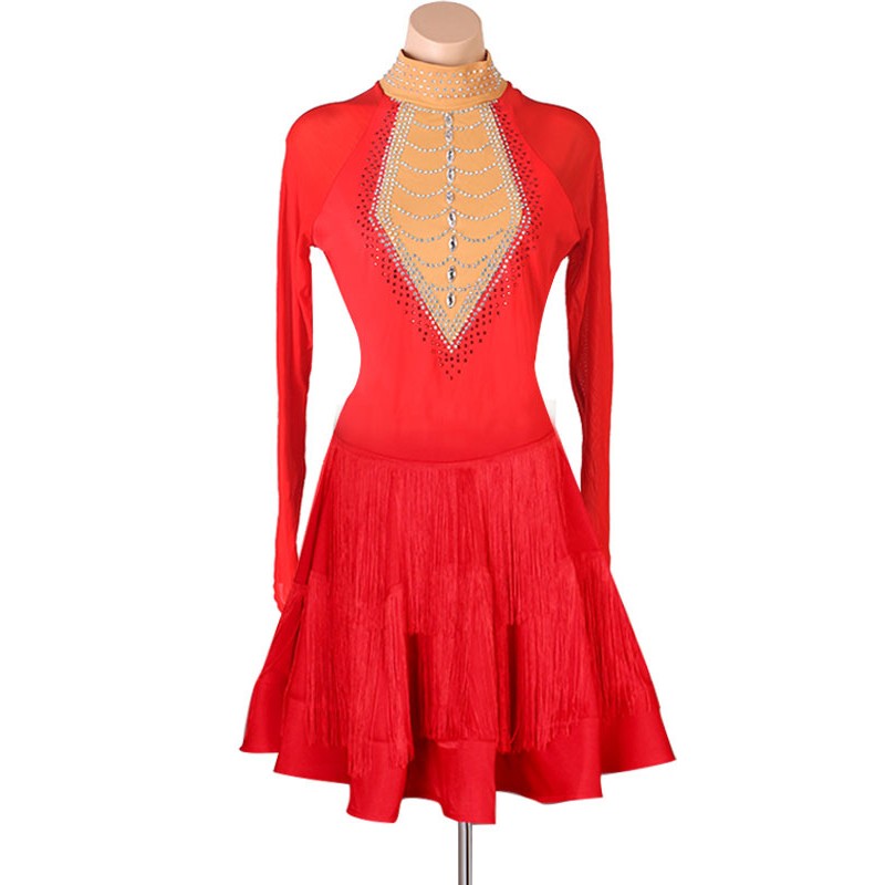 Latin Dance Costume Red Women's Polyester Dress Rhinestones Fringe Latin Dancer Dancing Wear Sexy Ball