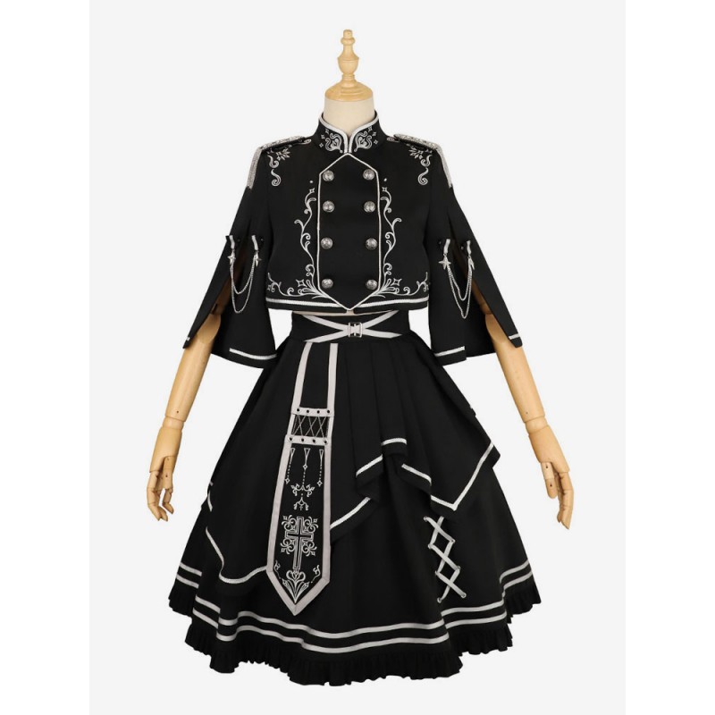 Costumes Military Uniform Lolita Army Checkerboard Pattern Crochet Black