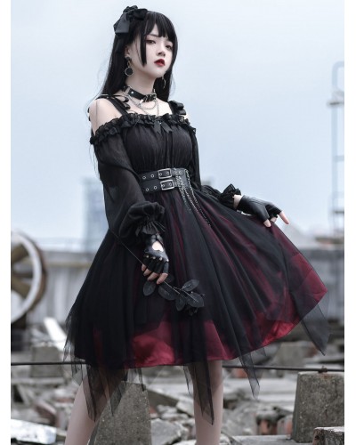 Gothic Lolita OP Dress Black Burgundy Ruffles Bows Open The Shoulder Long Sleeves Lolita One Piece Dress