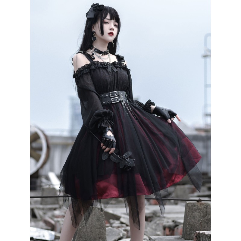 Gothic Lolita OP Dress Black Burgundy Ruffles Bows Open The Shoulder Long Sleeves Lolita One Piece Dress