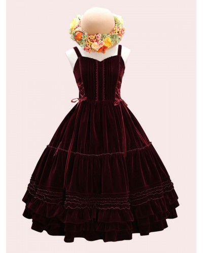 Sweet Lolita JSK Dress Velour Lace Up Ruffle Lolita Jumper Skirts Classic  Traditional Spring Fall Winter Daily Casual