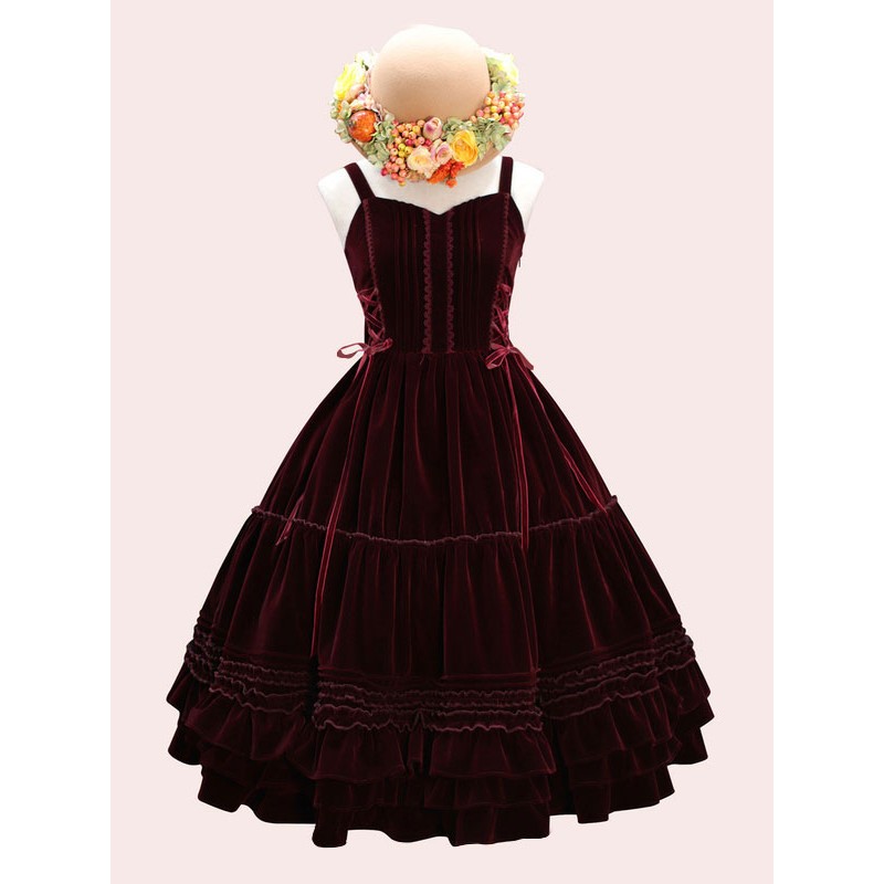 Sweet Lolita JSK Dress Velour Lace Up Ruffle Lolita Jumper Skirts Classic  Traditional Spring Fall Winter Daily Casual