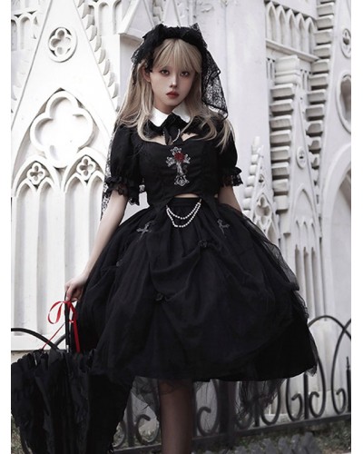 Lolita Outfits Black Lace Ruffles Short Sleeves Skirt Top Steampunk Gothic