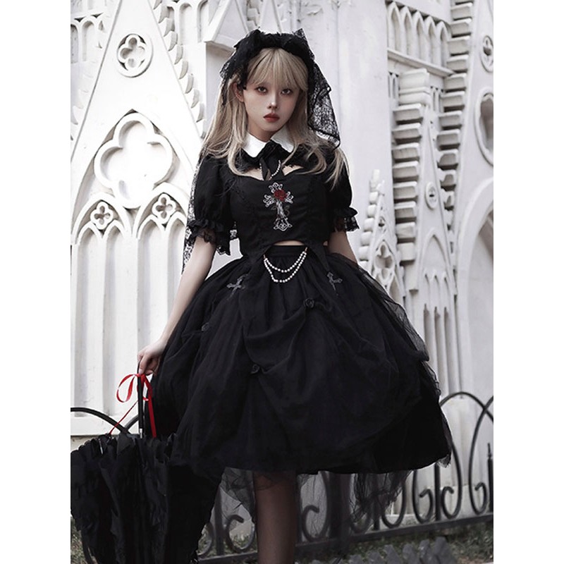 Lolita Outfits Black Lace Ruffles Short Sleeves Skirt Top Steampunk Gothic