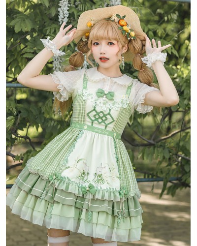 Lolita Outfits Green Bow Short Sleeves Jumper Apron Sweet