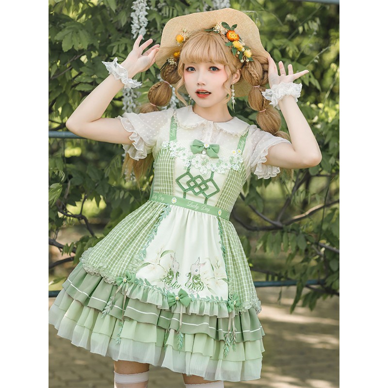 Lolita Outfits Green Bow Short Sleeves Jumper Apron Sweet