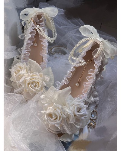 Sweet Lolita Sandals Ruffles Pearls Flowers Square Toe Elastic Fabric Ecru White Lolita Summer Shoes