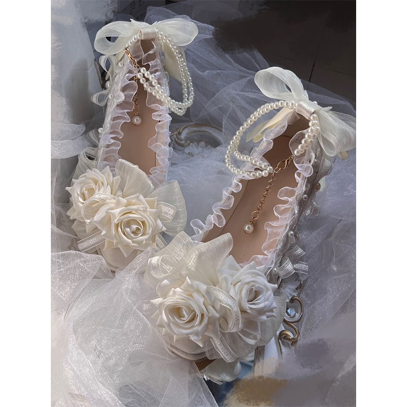 Sweet Lolita Sandals Ruffles Pearls Flowers Square Toe Elastic Fabric Ecru White Lolita Summer Shoes