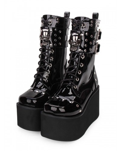 Gothic Lolita Boots Metallic Buckle Rivet Lace Up Zipper Platform Black Lolita Footwear Shoes Punk