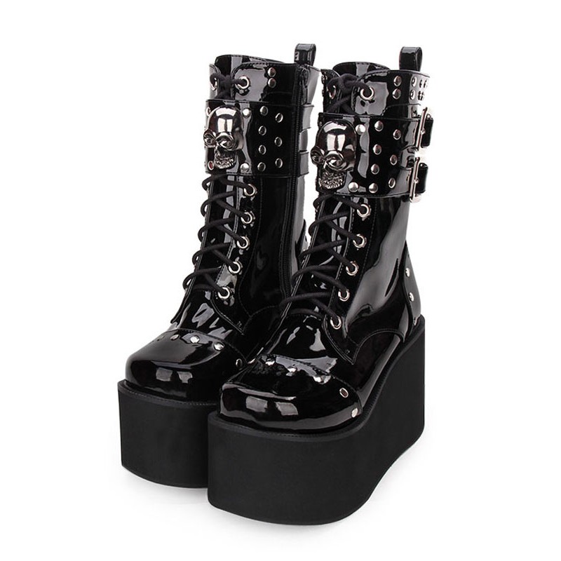 Gothic Lolita Boots Metallic Buckle Rivet Lace Up Zipper Platform Black Lolita Footwear Shoes Punk