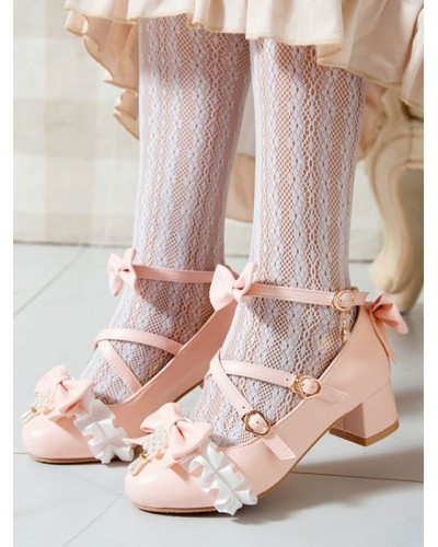 Sweet Lolita Pumps Bows Ruched Leather Chunky Heel Lolita Shoes