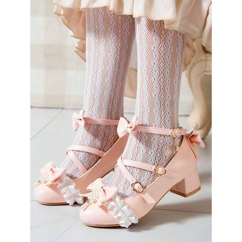 Sweet Lolita Pumps Bows Ruched Leather Chunky Heel Lolita Shoes