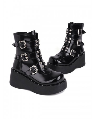 Lolita Ankle Boots Round Toe PU Leather Black Lolita Footwear Daily Casual