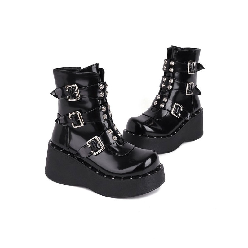 Lolita Ankle Boots Round Toe PU Leather Black Lolita Footwear Daily Casual