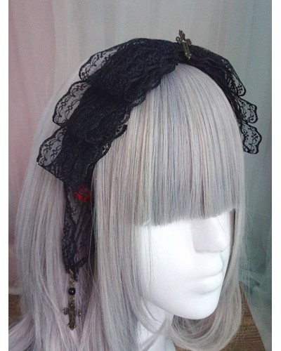 Gothic Lolita Headdress Lace Bow Metallic Design Black Lolita Hair Accessory