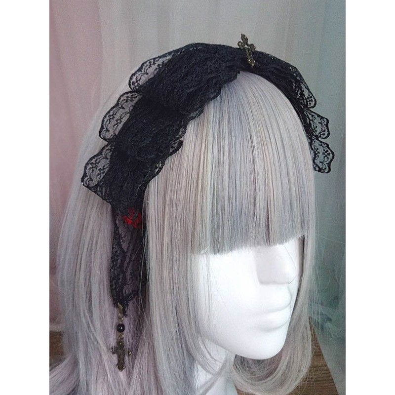 Gothic Lolita Headdress Lace Bow Metallic Design Black Lolita Hair Accessory