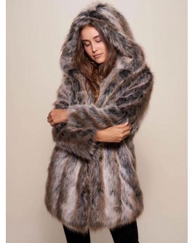 Women 's Faux Fur Coat Hooded Winter Midi Outerwear 2023 Casual Street Wear