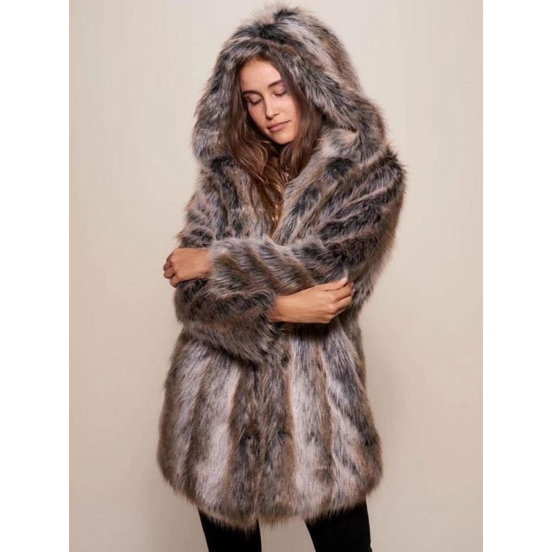 Women 's Faux Fur Coat Hooded Winter Midi Outerwear 2023 Casual Street Wear