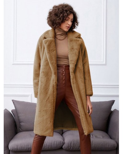 Faux Fur Coats Light Apricot Long Sleeves Winter Coat Classic  Traditional Casual Street Wear Field