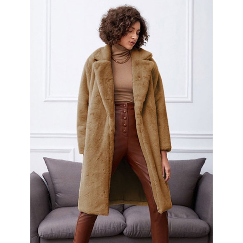 Faux Fur Coats Light Apricot Long Sleeves Winter Coat Classic  Traditional Casual Street Wear Field