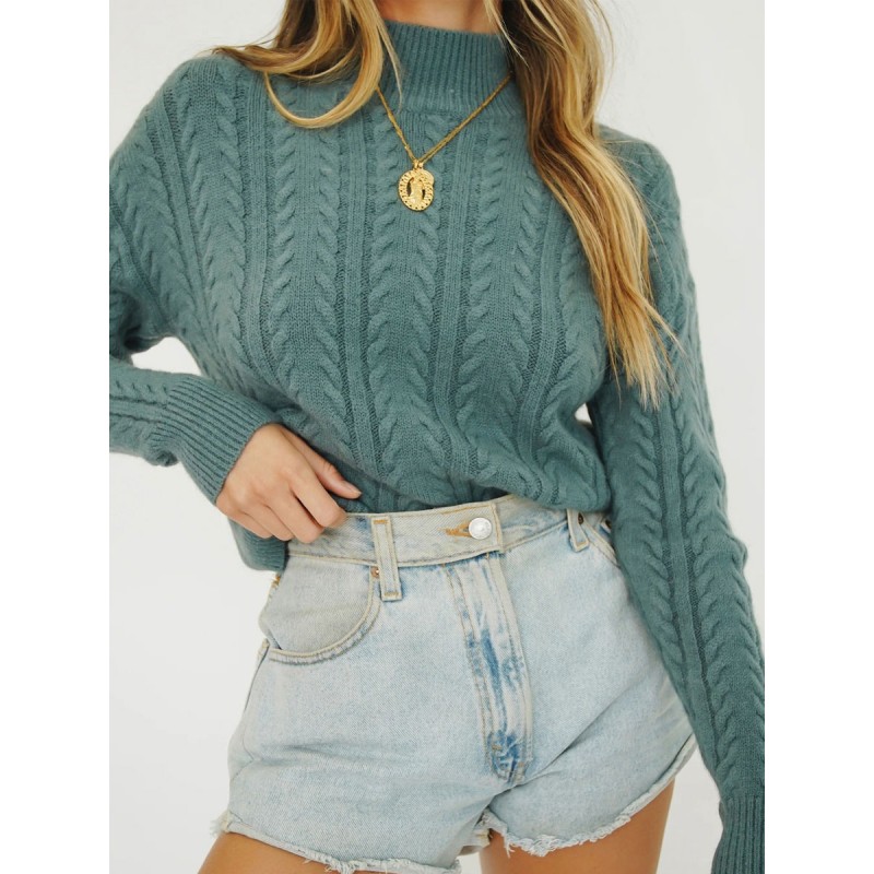 Women Pullover Sweater Teal High Collar Long Sleeves Sweaters