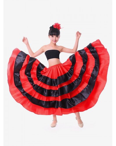 Girls Kids Dance Costumes Black Layered Billowing Skirts Flamenco Dress Paso Doble Spanish Skirt For Carnival