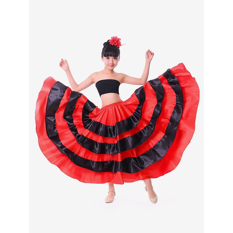 Girls Kids Dance Costumes Black Layered Billowing Skirts Flamenco Dress Paso Doble Spanish Skirt For Carnival