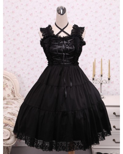 Pure Black Cotton Lolita Jumper Skirt Lace Trim Lace Up Waist Belt Gothic Summer Tea Party