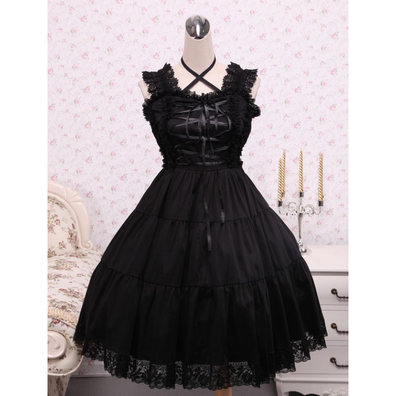 Pure Black Cotton Lolita Jumper Skirt Lace Trim Lace Up Waist Belt Gothic Summer Tea Party