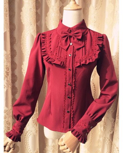 Sweet Lolita Blouse Red Long Sleeve Turndown Collar Bow Ruffled Lolita Shirt Fall Winter