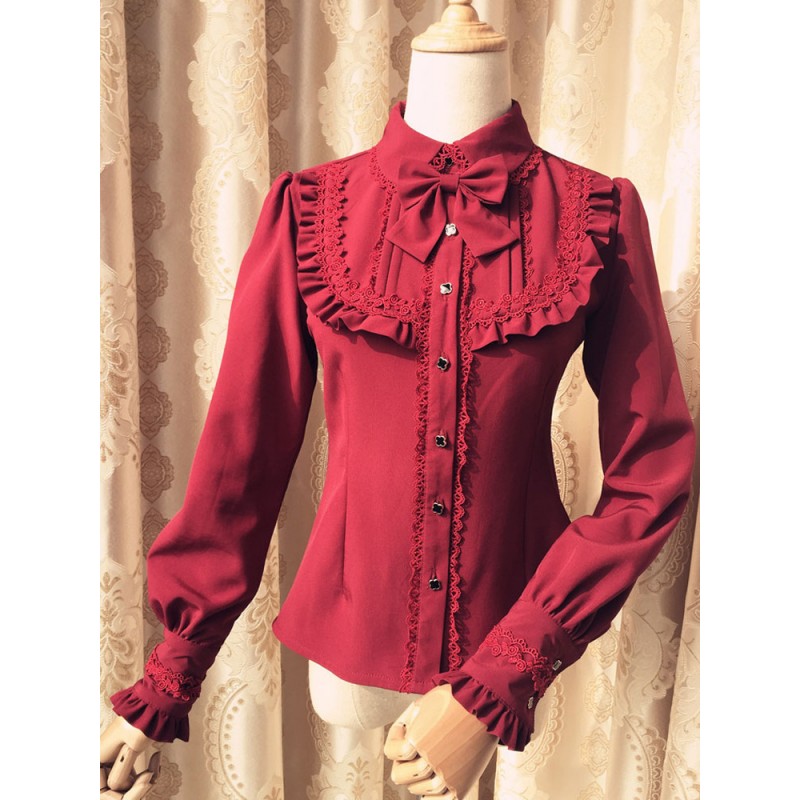 Sweet Lolita Blouse Red Long Sleeve Turndown Collar Bow Ruffled Lolita Shirt Fall Winter