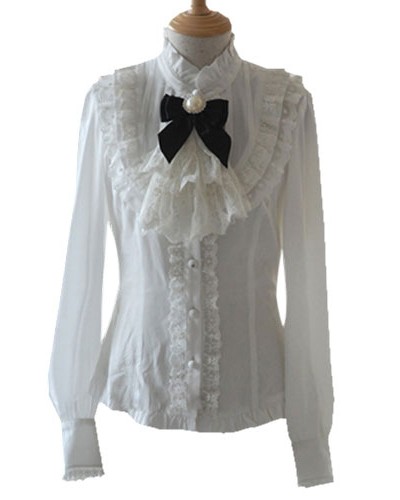 Lolita Blouse White Stand Collar Long Sleeve Chiffon Lolita Shirt Sweet Spring Summer Fall Winter