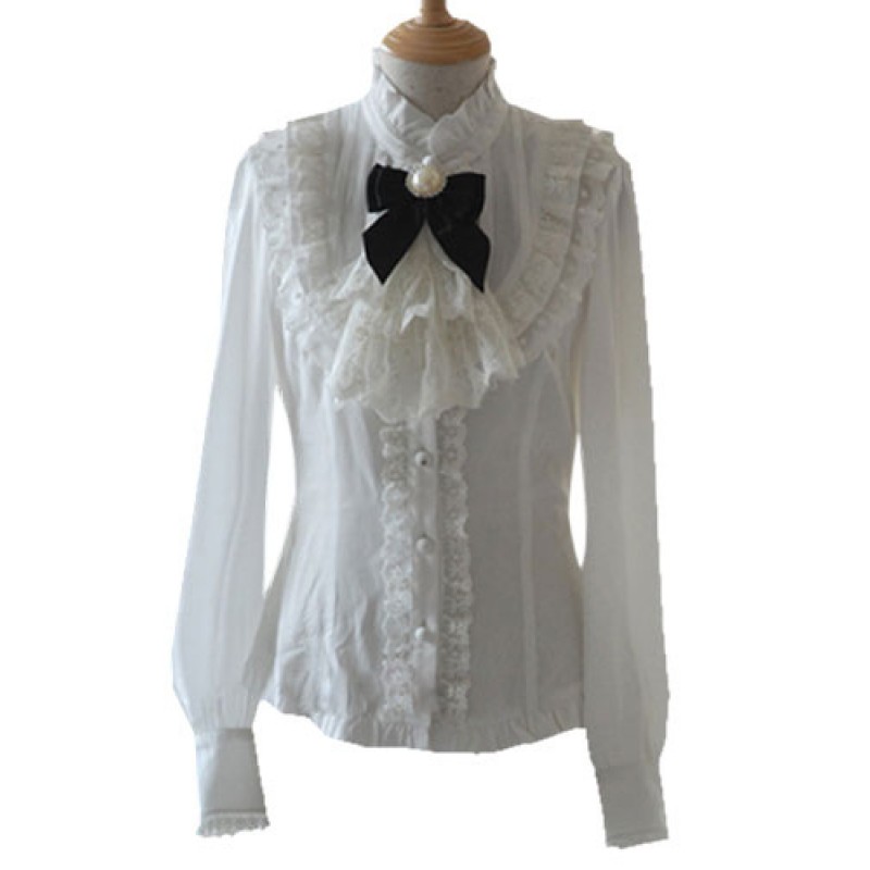 Lolita Blouse White Stand Collar Long Sleeve Chiffon Lolita Shirt Sweet Spring Summer Fall Winter