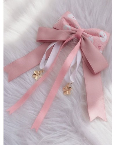 Wa Lolita Headdress Pink Sakura Pattern Bow Linen Cotton Blend Headwear Bows Flowers Lolita Hair Accessories Hair Clips Kimono Daily Casual