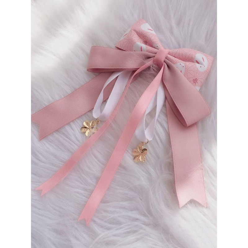 Wa Lolita Headdress Pink Sakura Pattern Bow Linen Cotton Blend Headwear Bows Flowers Lolita Hair Accessories Hair Clips Kimono Daily Casual