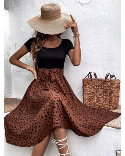 Women Dress Jewel Neck Polka Dot Sash Deep Brown Medium Beach Dress Summer