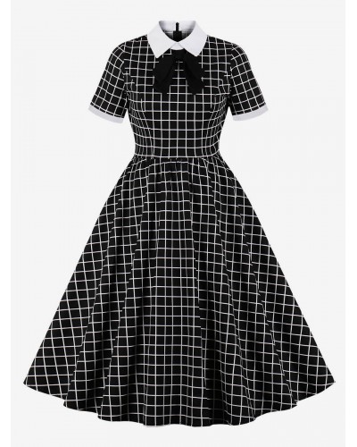 1950s Audrey Hepburn Style Dress Black Plaid Bows Short Sleeves Turndown Collar Swing Dress Vintage Daily Casual