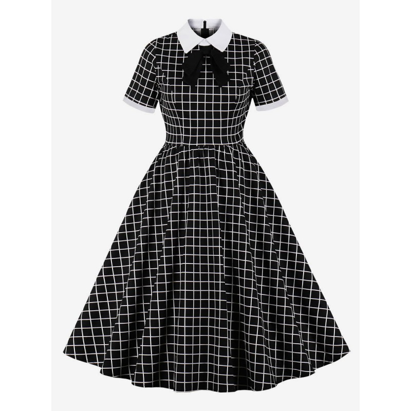 1950s Audrey Hepburn Style Dress Black Plaid Bows Short Sleeves Turndown Collar Swing Dress Vintage Daily Casual