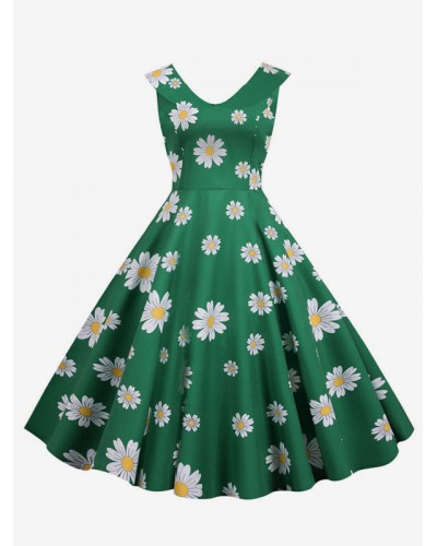 Women 1950s Audrey Hepburn Style Retro Dress Peter Pan Collar Sleeveless Floral Print Green Swing Dress Daily Casual