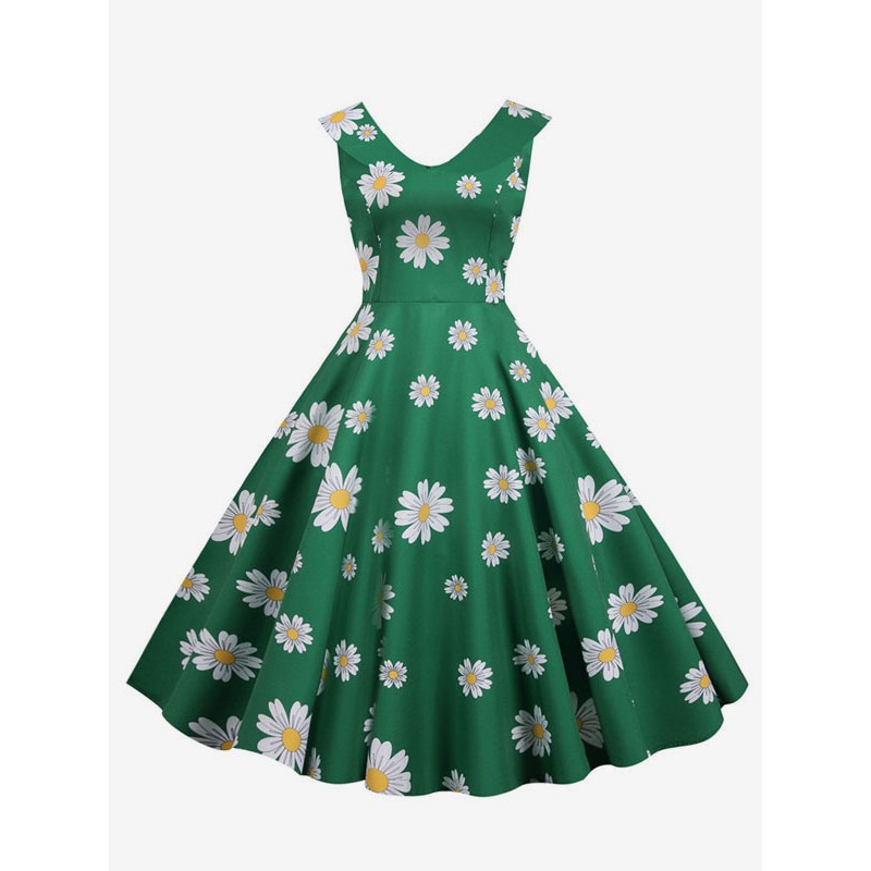 Women 1950s Audrey Hepburn Style Retro Dress Peter Pan Collar Sleeveless Floral Print Green Swing Dress Daily Casual